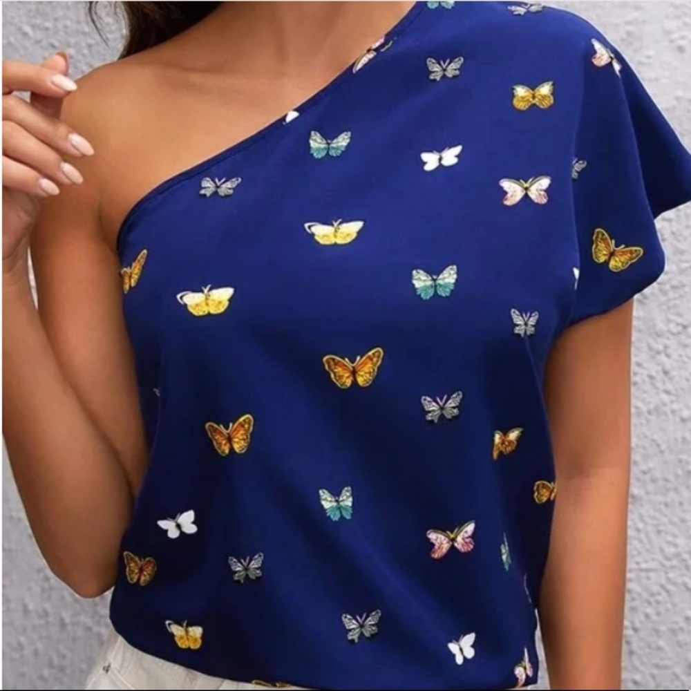 Boho Blue Butterfly Print Blouse